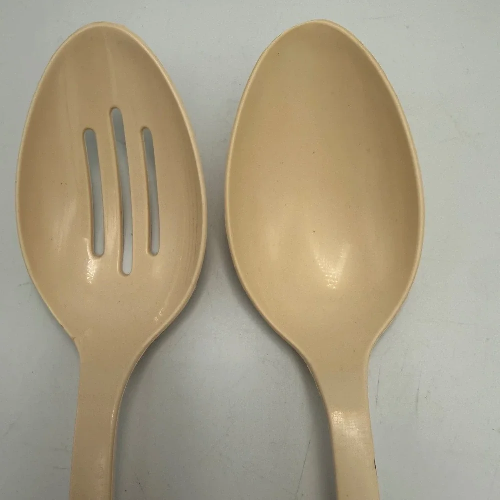 Vintage EKCO USA Plastic Serving Spoons Set Slotted Solid Almond Beige 2pc